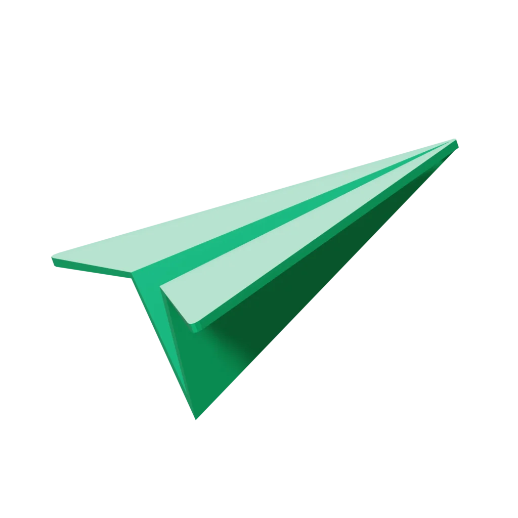 A green 3D paper airplane, crafted with intricate folds and a sharp, aerodynamic design, isolated on a white background.